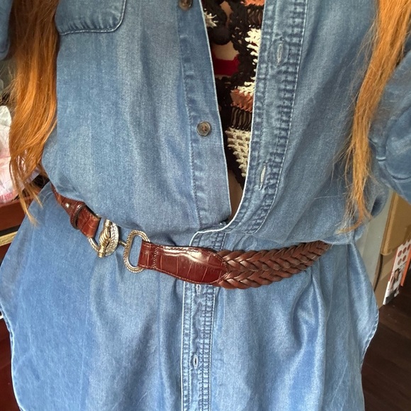 Lands' End Black and Silver Leather Belt with Polished Hardware - Picture 1 of 8